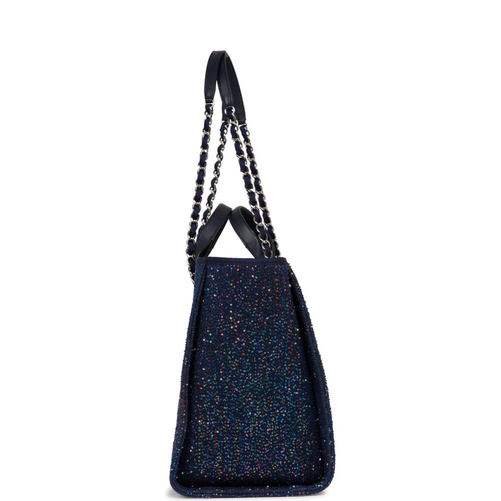 Chanel Large Deauville Shopping Tote Blue Sequin Boucle Silver Hardware - Image 4