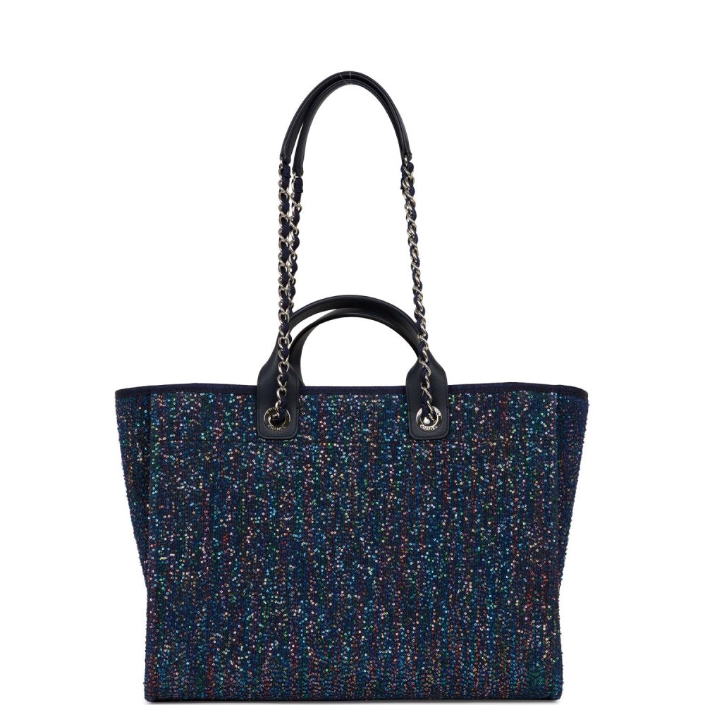 Chanel Large Deauville Shopping Tote Blue Sequin Boucle Silver Hardware - Image 5