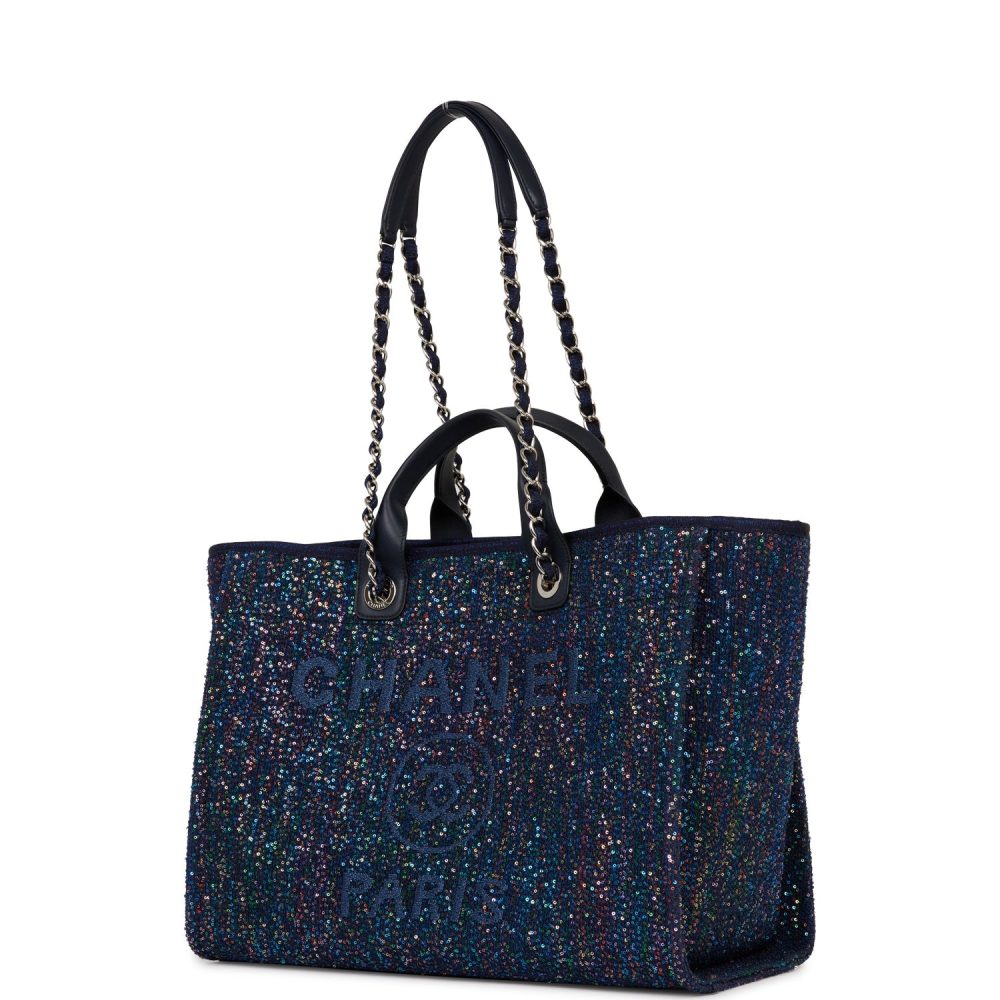 Chanel Large Deauville Shopping Tote Blue Sequin Boucle Silver Hardware - Image 6