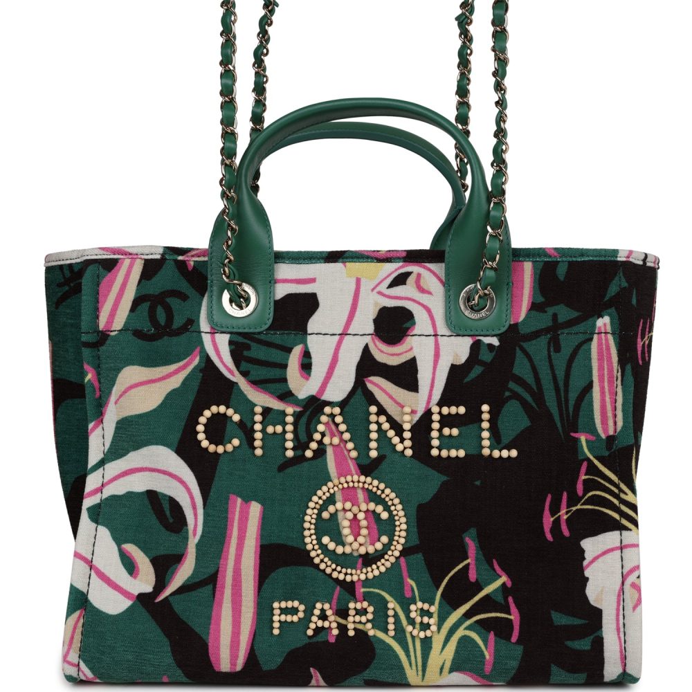 Chanel Small Deauville Shopping Tote Green and Pink Tropical Floral Velvet Light Gold Hardware - Image 2