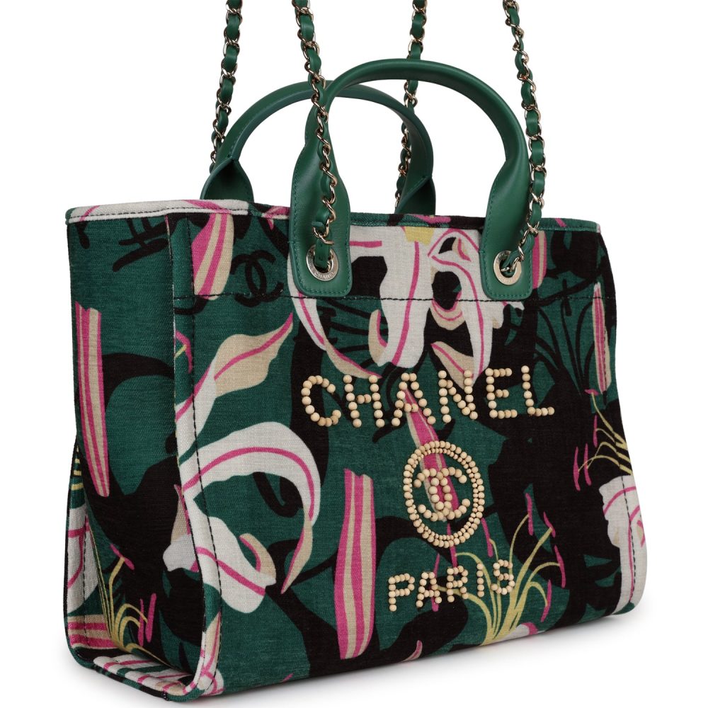 Chanel Small Deauville Shopping Tote Green and Pink Tropical Floral Velvet Light Gold Hardware - Image 3