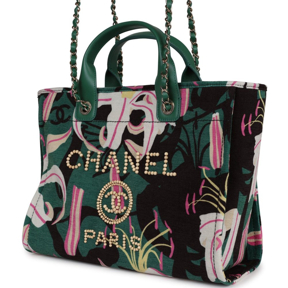 Chanel Small Deauville Shopping Tote Green and Pink Tropical Floral Velvet Light Gold Hardware - Image 6