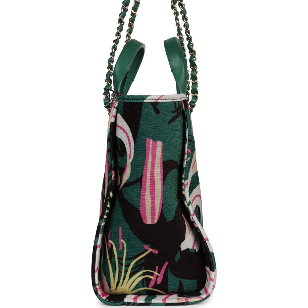 Chanel Small Deauville Shopping Tote Green and Pink Tropical Floral Velvet Light Gold Hardware - Image 4