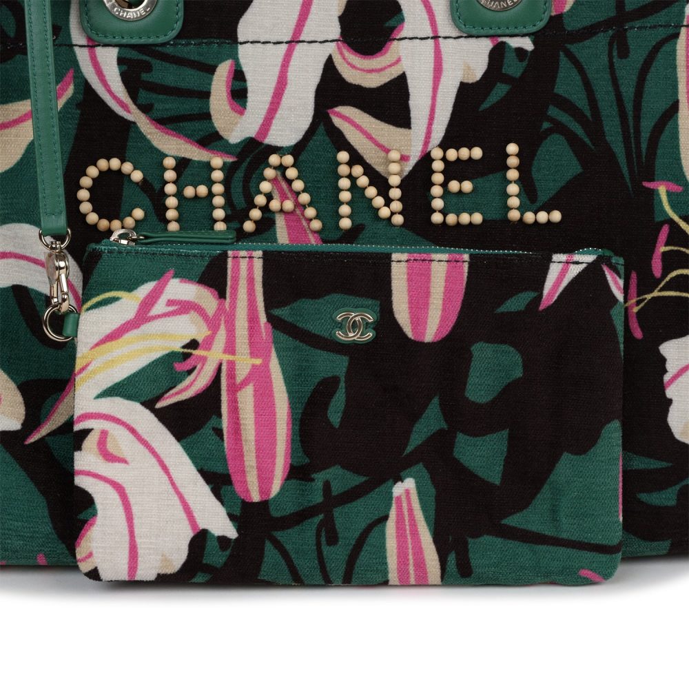 Chanel Small Deauville Shopping Tote Green and Pink Tropical Floral Velvet Light Gold Hardware - Image 8
