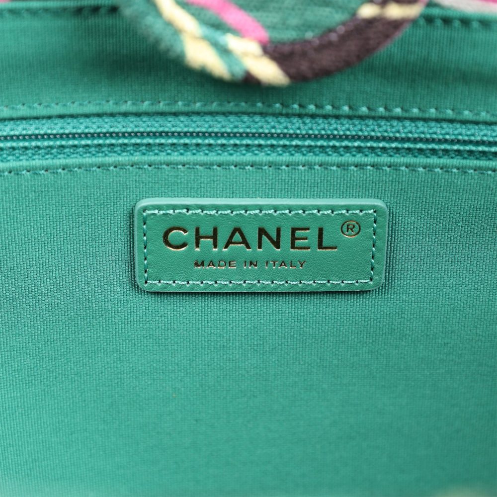 Chanel Small Deauville Shopping Tote Green and Pink Tropical Floral Velvet Light Gold Hardware - Image 10