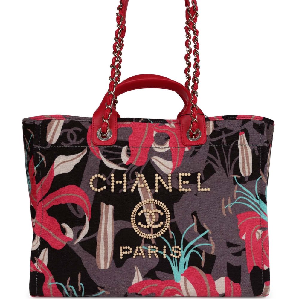 Chanel Medium Deauville Shopping Tote Grey and Pink Tropical Floral Velvet Light Gold Hardware - Image 2