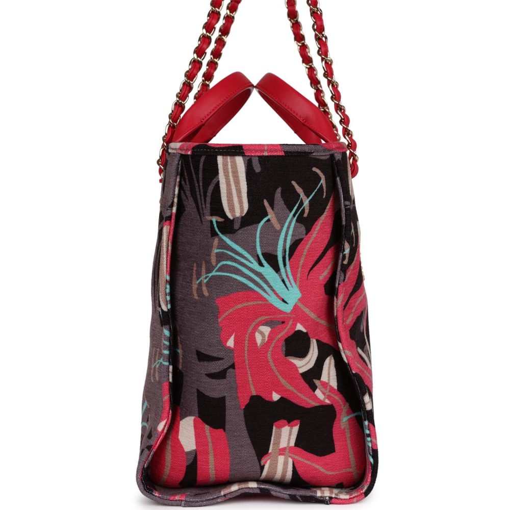 Chanel Medium Deauville Shopping Tote Grey and Pink Tropical Floral Velvet Light Gold Hardware - Image 4