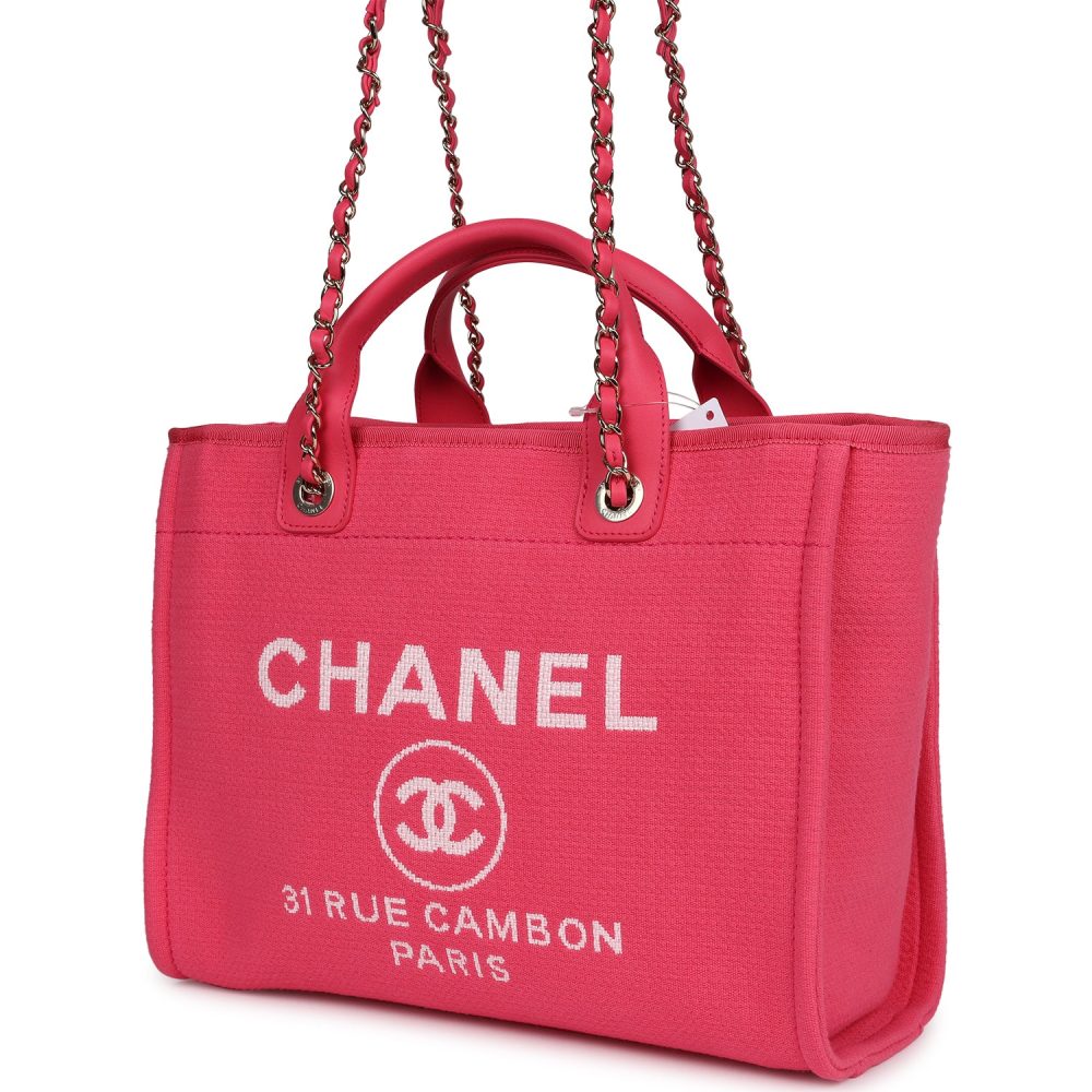Chanel Small Deauville Shopping Tote Hot Pink Canvas Light Gold Hardware - Image 5