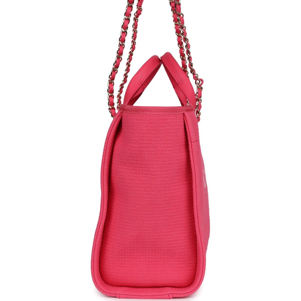 Chanel Small Deauville Shopping Tote Hot Pink Canvas Light Gold Hardware - Image 3