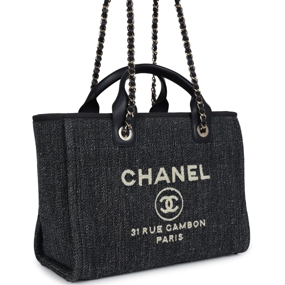 Chanel Small Deauville Shopping Tote Dark Blue Denim Light Gold Hardware - Image 2