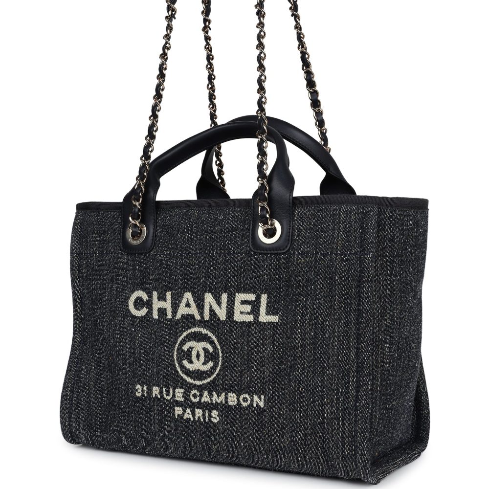 Chanel Small Deauville Shopping Tote Dark Blue Denim Light Gold Hardware - Image 5
