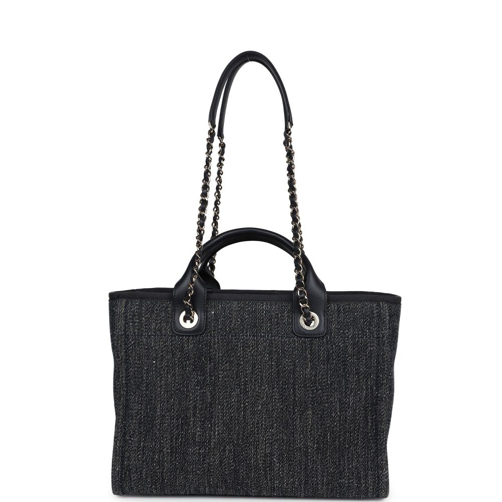 Chanel Small Deauville Shopping Tote Dark Blue Denim Light Gold Hardware - Image 4