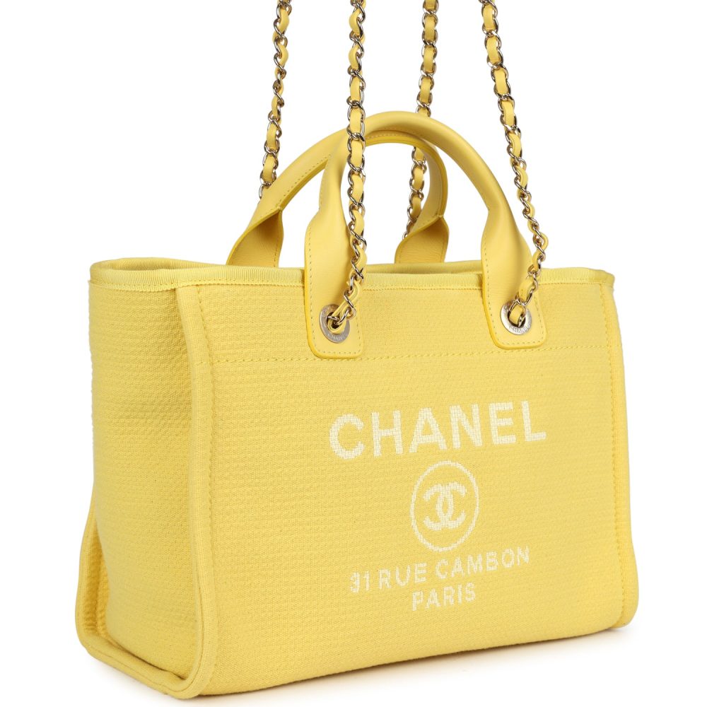 Chanel Small Deauville Shopping Tote Yellow Canvas Light Gold Hardware - Image 3