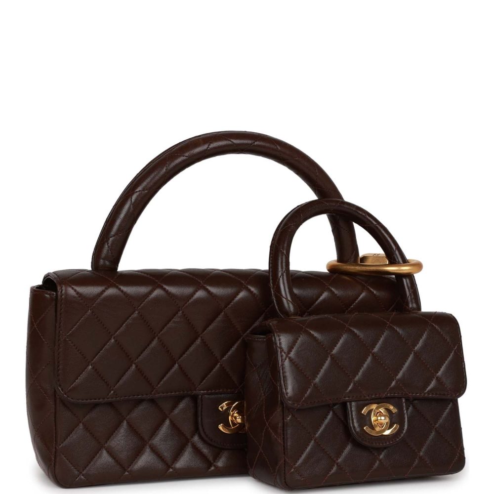 Vintage Chanel Kelly Parent and Child Flap Bag Set Brown Lambskin Gold Hardware - Image 2