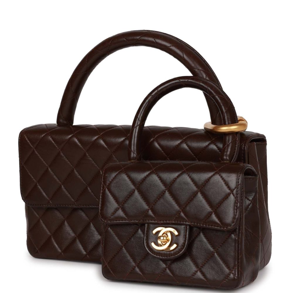 Vintage Chanel Kelly Parent and Child Flap Bag Set Brown Lambskin Gold Hardware - Image 5
