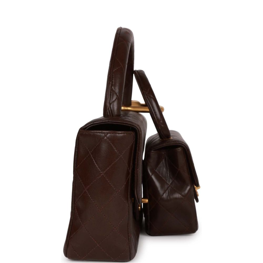 Vintage Chanel Kelly Parent and Child Flap Bag Set Brown Lambskin Gold Hardware - Image 3