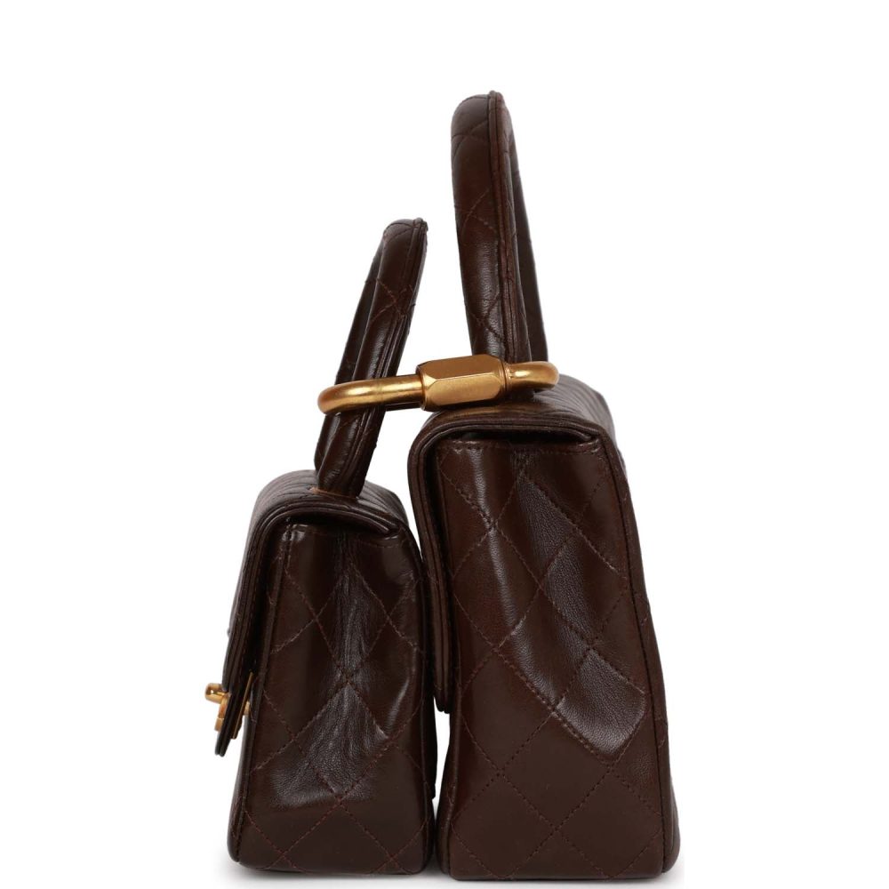 Vintage Chanel Kelly Parent and Child Flap Bag Set Brown Lambskin Gold Hardware - Image 6