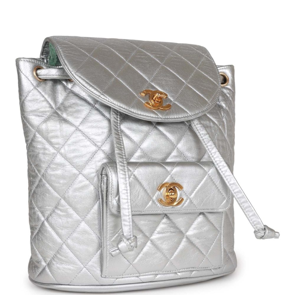 Vintage Chanel Duma Backpack Silver Metallic Lambskin Gold Hardware - Image 2