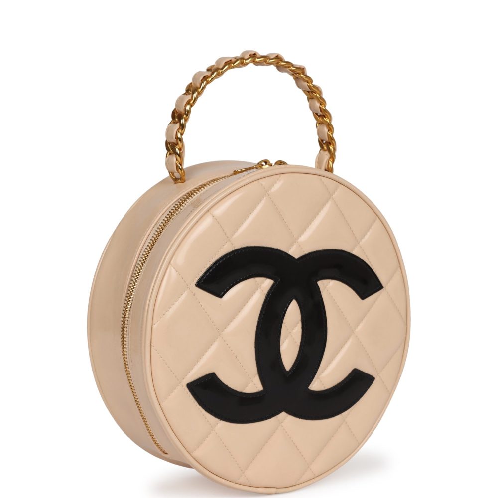 Vintage Chanel Round Vanity Bag Beige and Black Patent Leather Antique Gold Hardware - Image 2