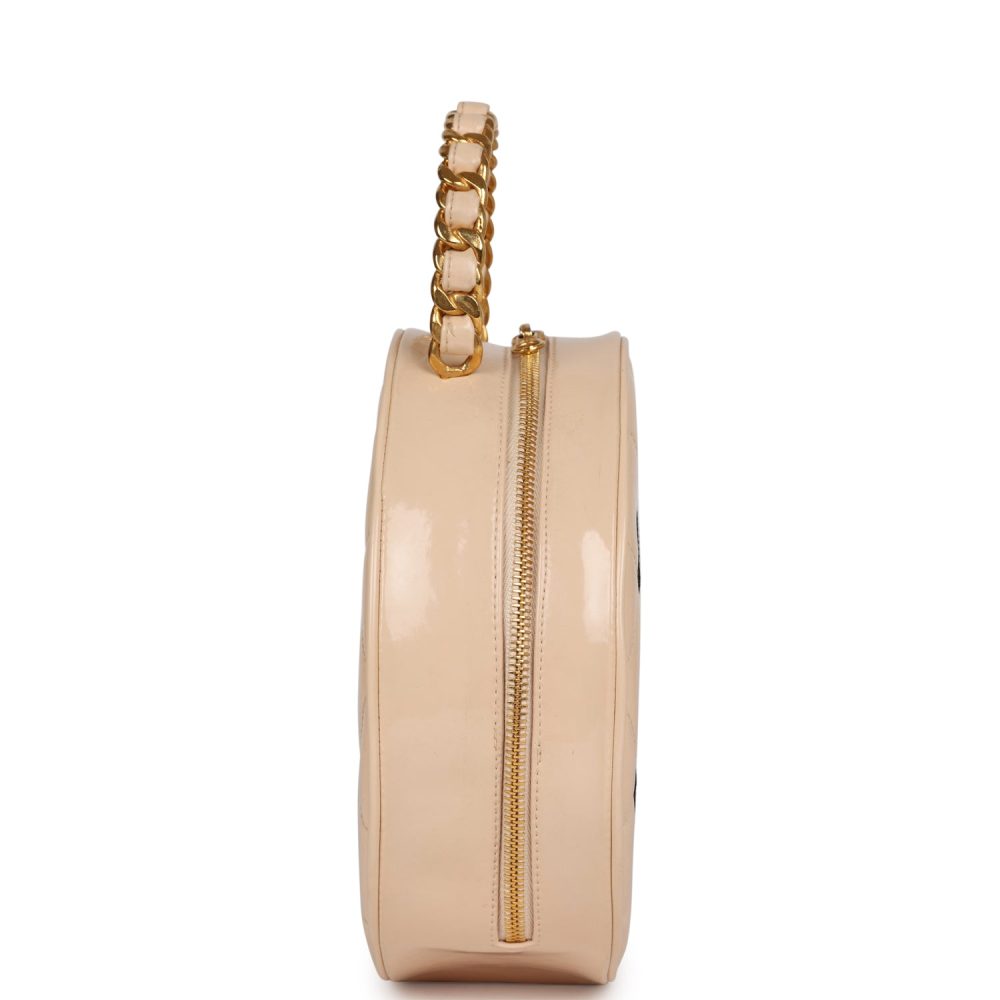 Vintage Chanel Round Vanity Bag Beige and Black Patent Leather Antique Gold Hardware - Image 3