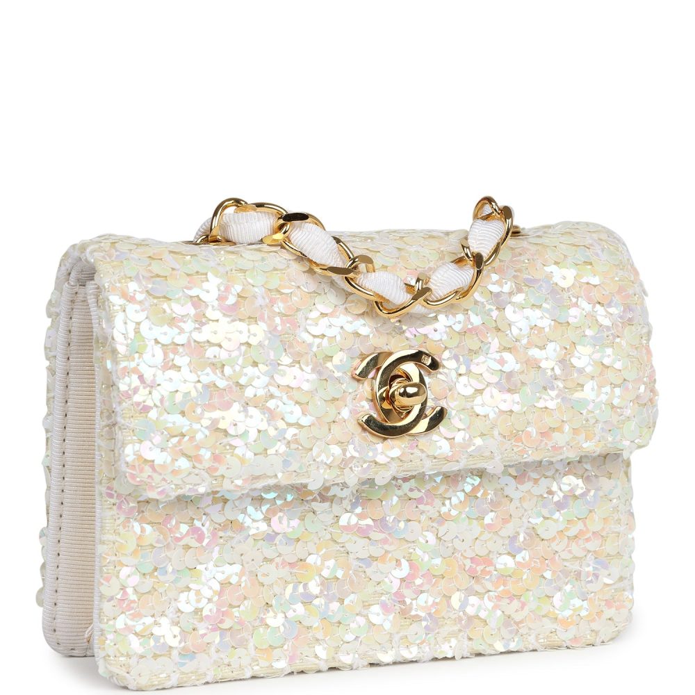 Vintage Chanel Micro Half Flap Iridescent Ivory Sequin Gold Hardware - Image 2