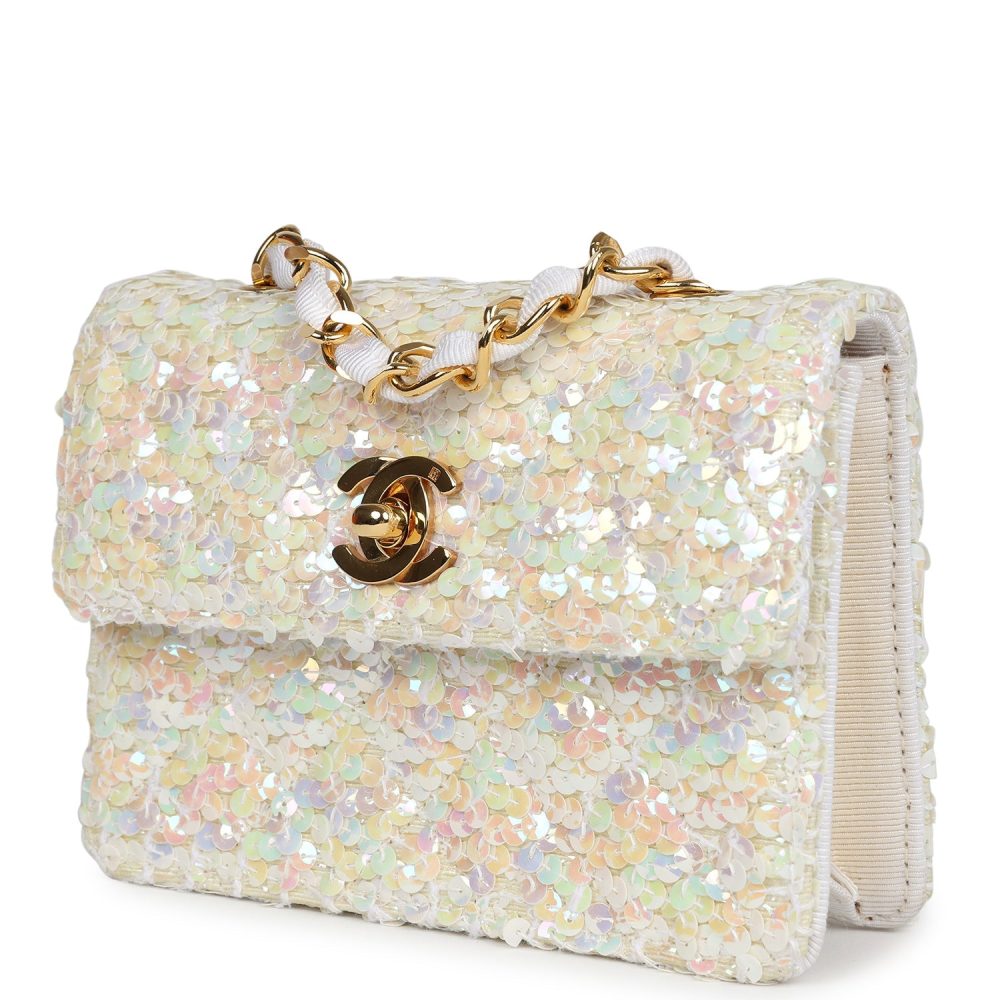 Vintage Chanel Micro Half Flap Iridescent Ivory Sequin Gold Hardware - Image 5