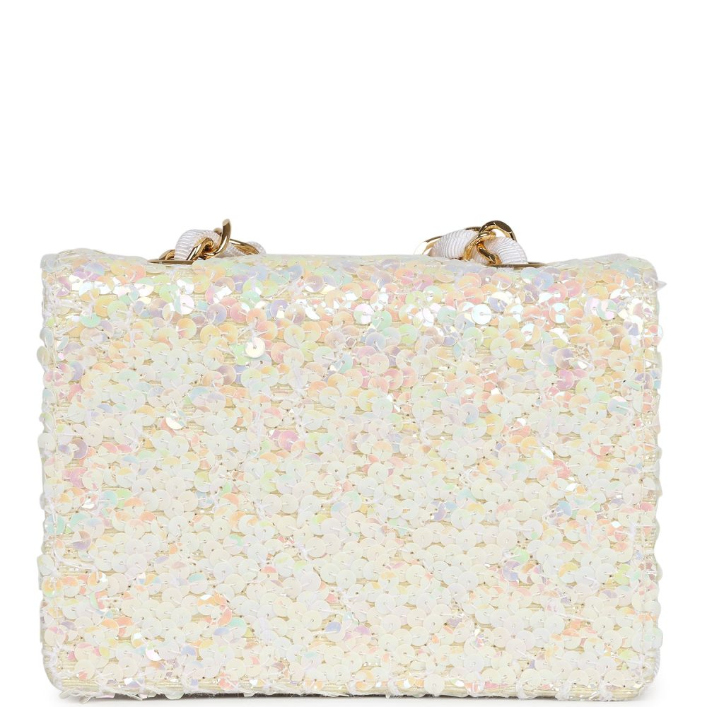 Vintage Chanel Micro Half Flap Iridescent Ivory Sequin Gold Hardware - Image 4