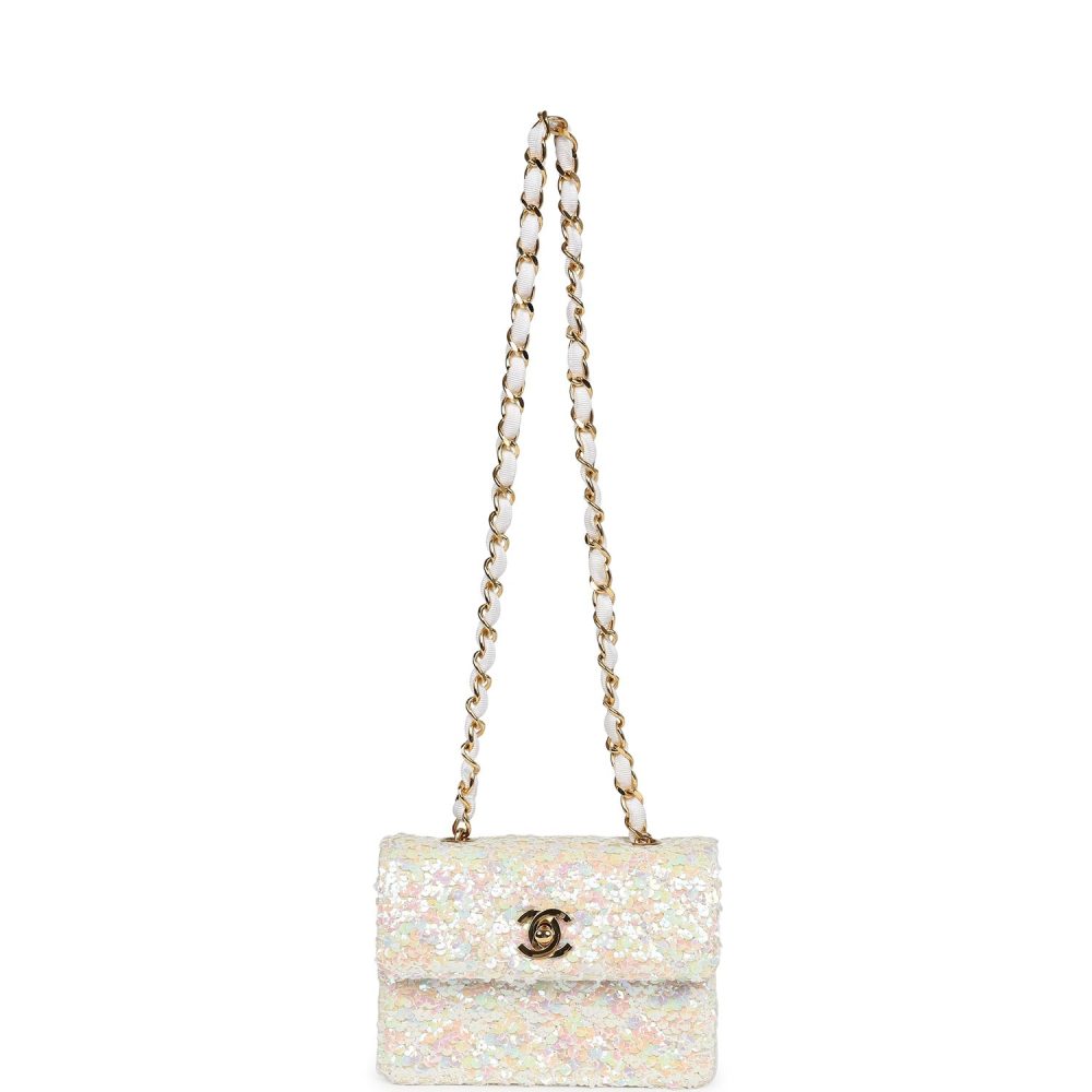 Vintage Chanel Micro Half Flap Iridescent Ivory Sequin Gold Hardware - Image 7