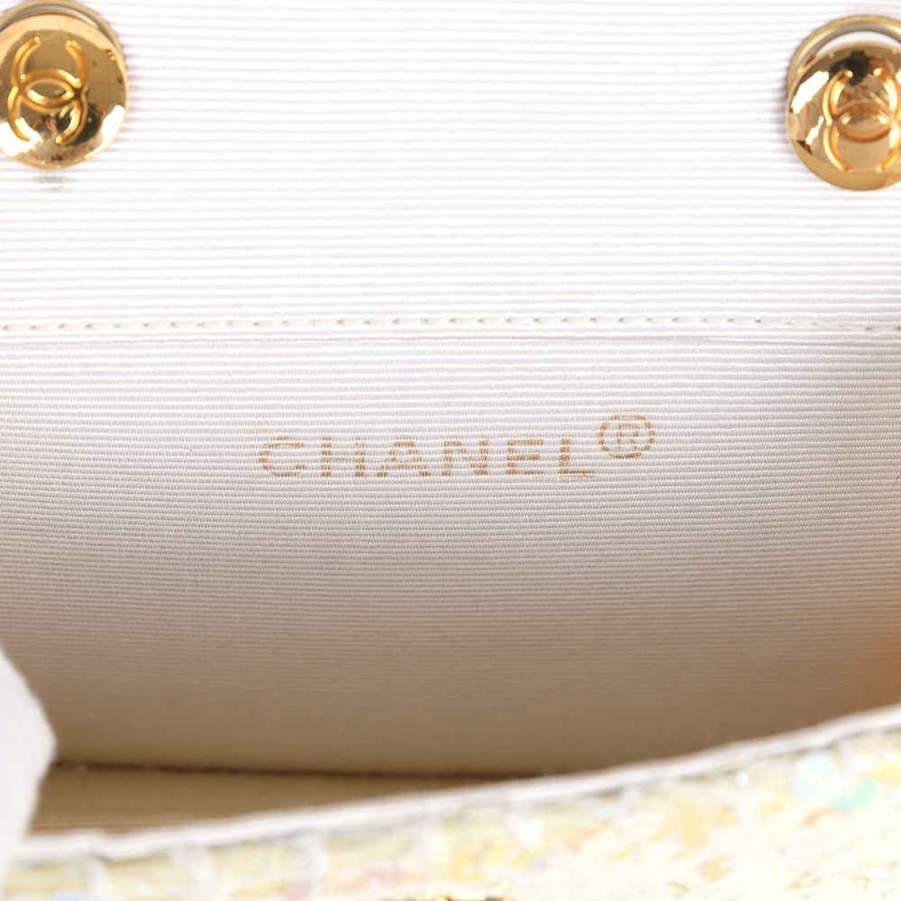 Vintage Chanel Micro Half Flap Iridescent Ivory Sequin Gold Hardware - Image 8