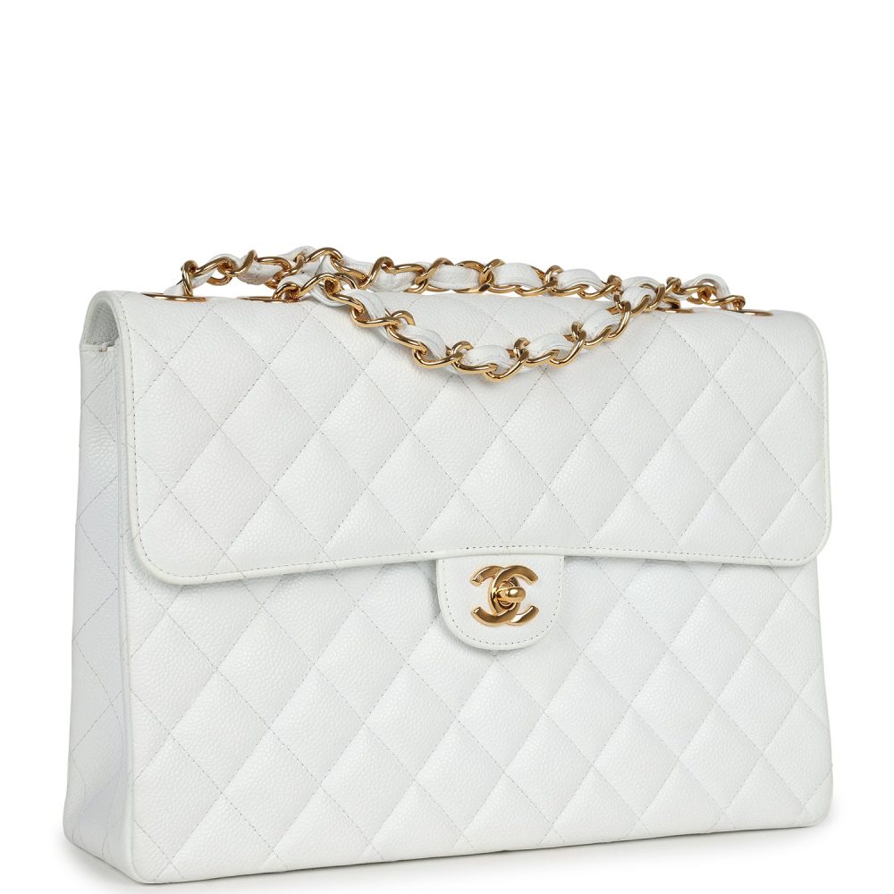 Vintage Chanel Jumbo Single Flap Bag White Caviar Gold Hardware - Image 2