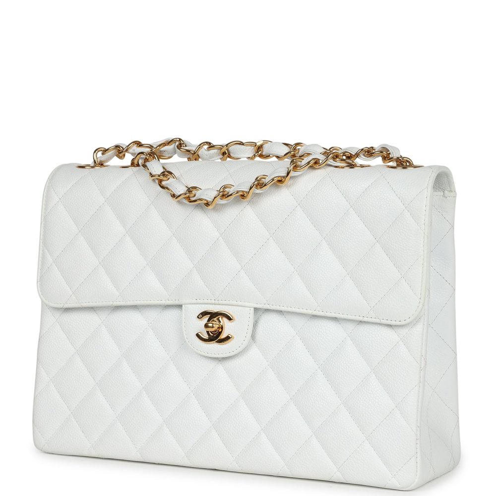 Vintage Chanel Jumbo Single Flap Bag White Caviar Gold Hardware - Image 5