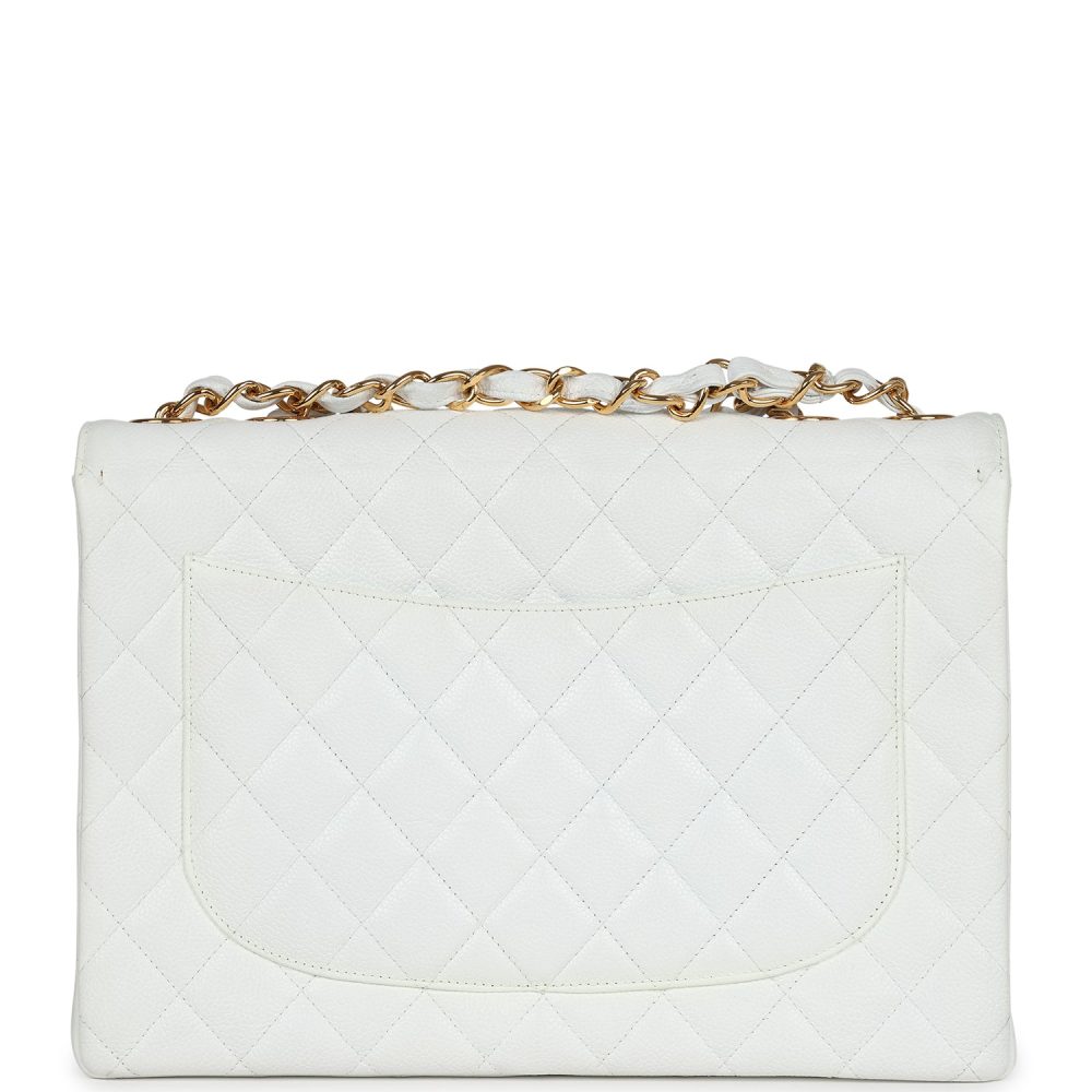 Vintage Chanel Jumbo Single Flap Bag White Caviar Gold Hardware - Image 4