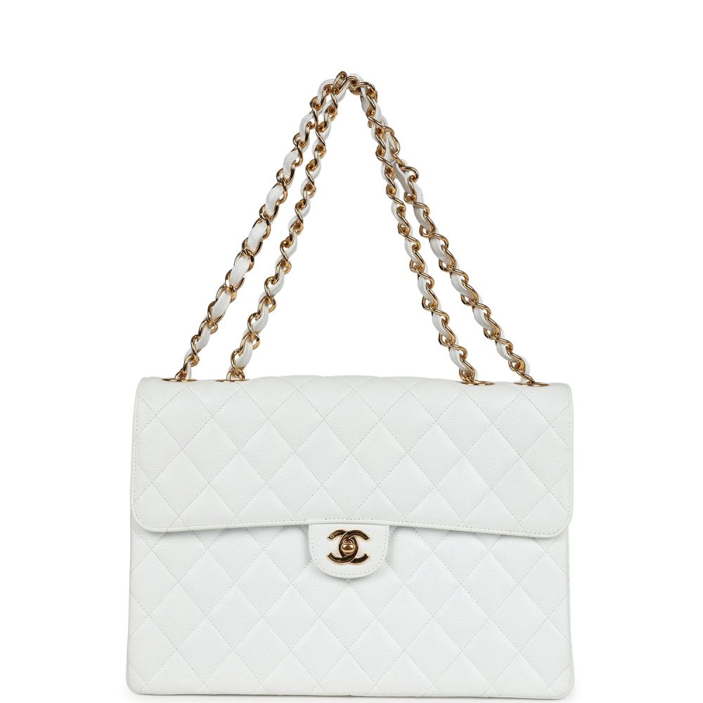 Vintage Chanel Jumbo Single Flap Bag White Caviar Gold Hardware - Image 7