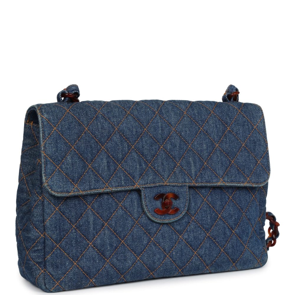 Vintage Chanel Jumbo Single Flap Bag Blue Denim Tortoiseshell Bakelite Hardware - Image 2