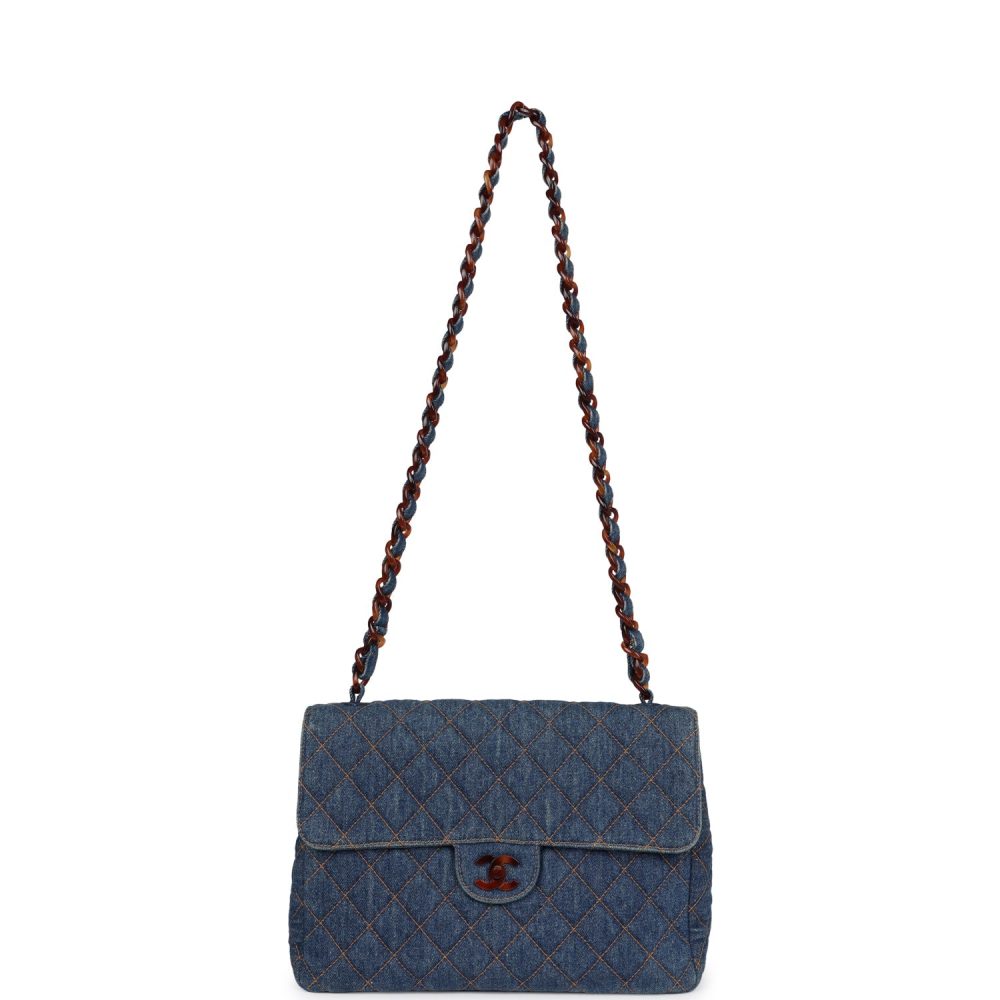 Vintage Chanel Jumbo Single Flap Bag Blue Denim Tortoiseshell Bakelite Hardware - Image 7