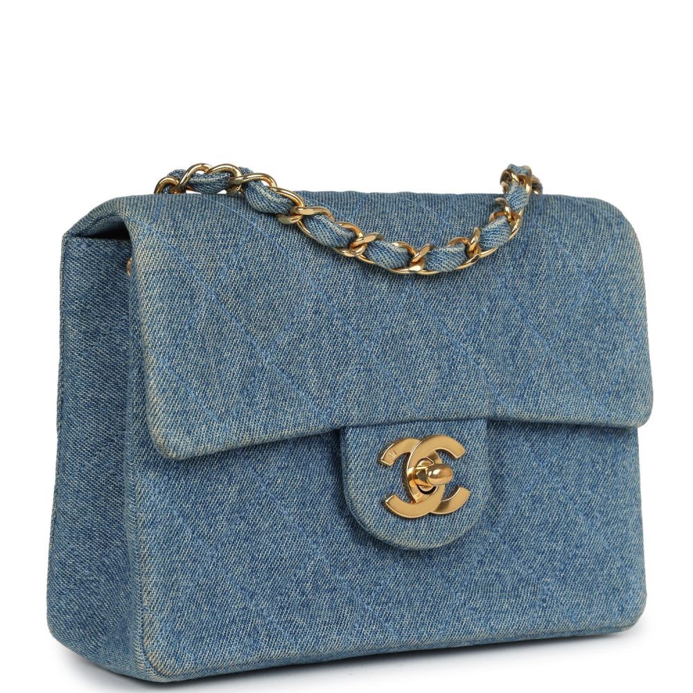 Vintage Chanel Mini Square Flap Bag Blue Denim Gold Hardware - Image 2