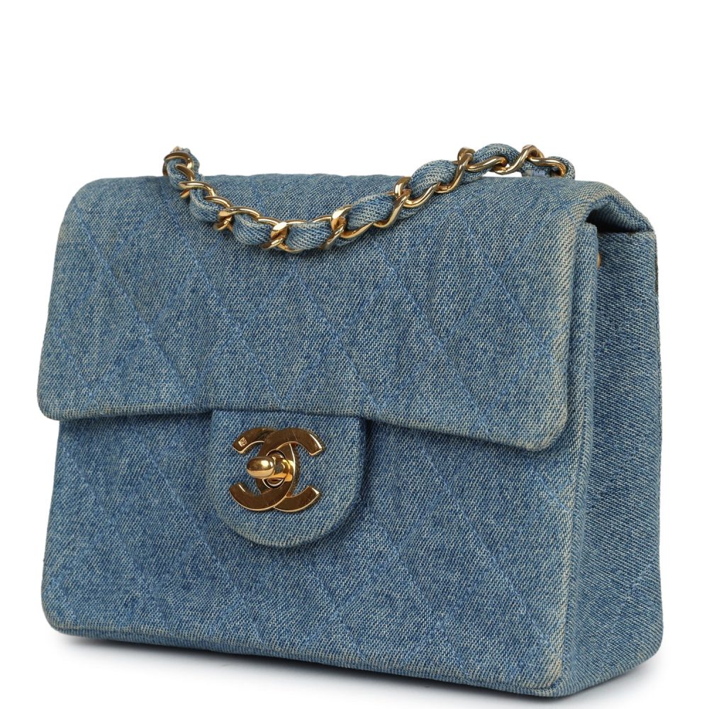 Vintage Chanel Mini Square Flap Bag Blue Denim Gold Hardware - Image 4