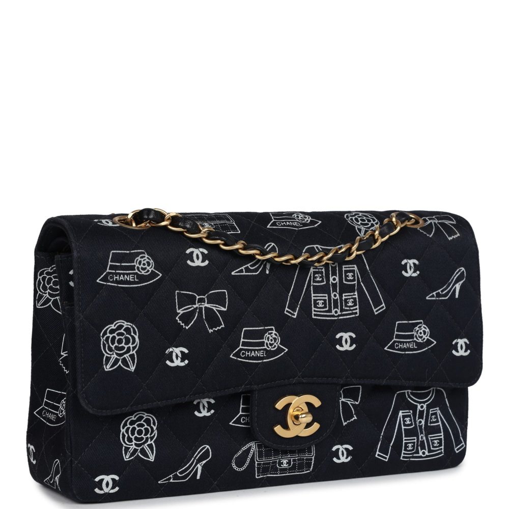 Vintage Chanel Medium Icon Print Double Flap Bag Navy Canvas Brushed Gold Hardware - Image 2