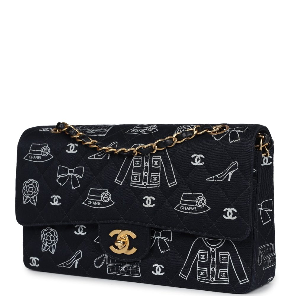 Vintage Chanel Medium Icon Print Double Flap Bag Navy Canvas Brushed Gold Hardware - Image 5