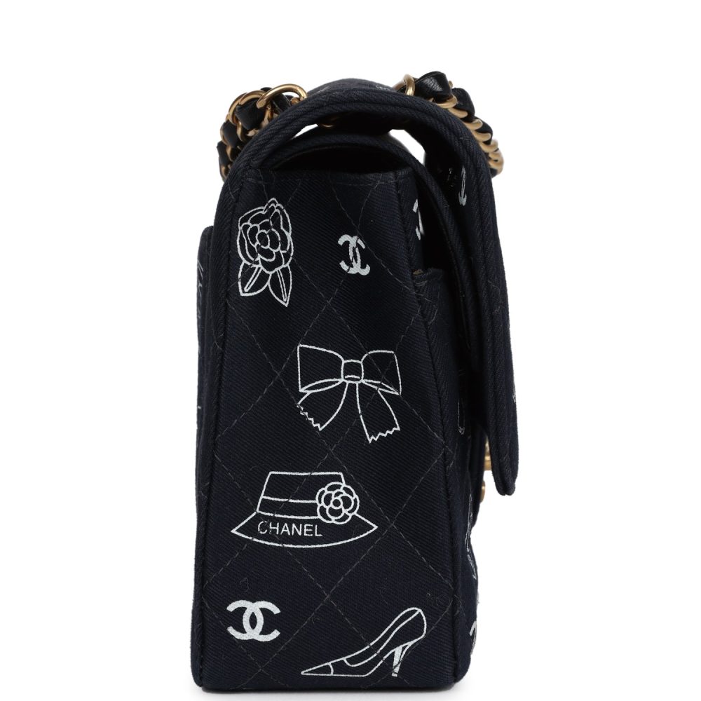 Vintage Chanel Medium Icon Print Double Flap Bag Navy Canvas Brushed Gold Hardware - Image 3