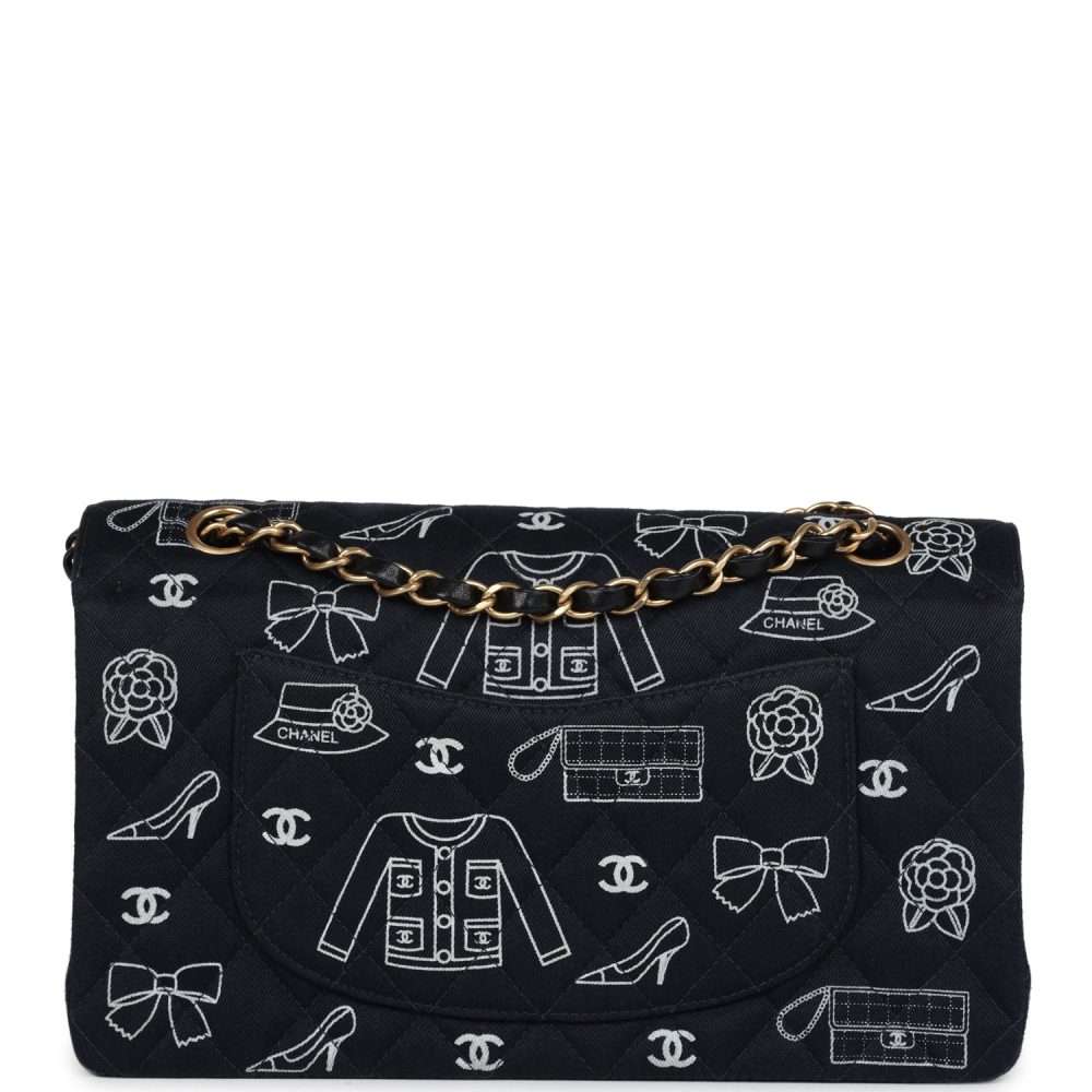 Vintage Chanel Medium Icon Print Double Flap Bag Navy Canvas Brushed Gold Hardware - Image 4