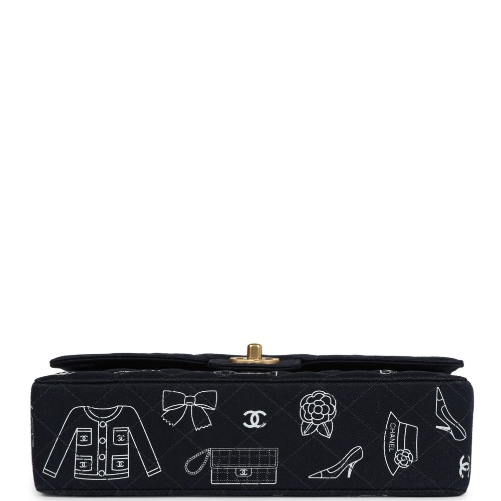 Vintage Chanel Medium Icon Print Double Flap Bag Navy Canvas Brushed Gold Hardware - Image 6