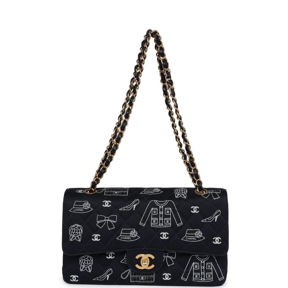 Vintage Chanel Medium Icon Print Double Flap Bag Navy Canvas Brushed Gold Hardware - Image 7