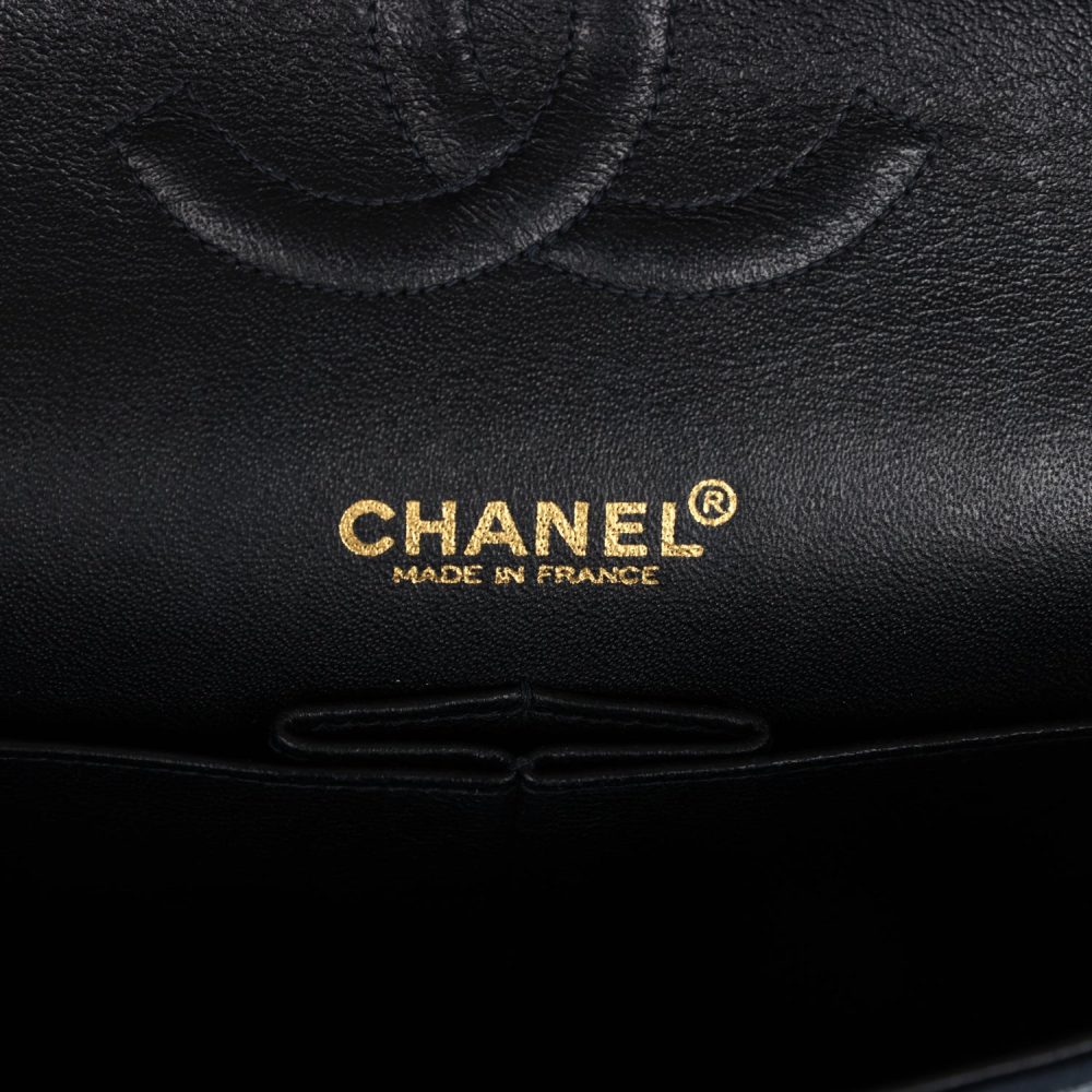 Vintage Chanel Medium Icon Print Double Flap Bag Navy Canvas Brushed Gold Hardware - Image 8