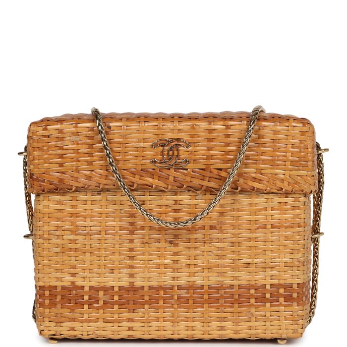 Vintage Chanel Small Picnic Basket Bag Natural Wicker Gold Hardware