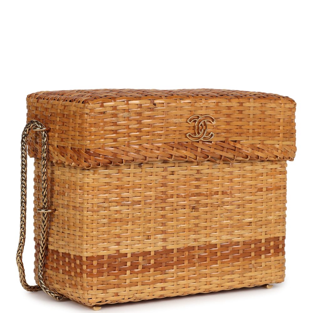Vintage Chanel Small Picnic Basket Bag Natural Wicker Gold Hardware - Image 2