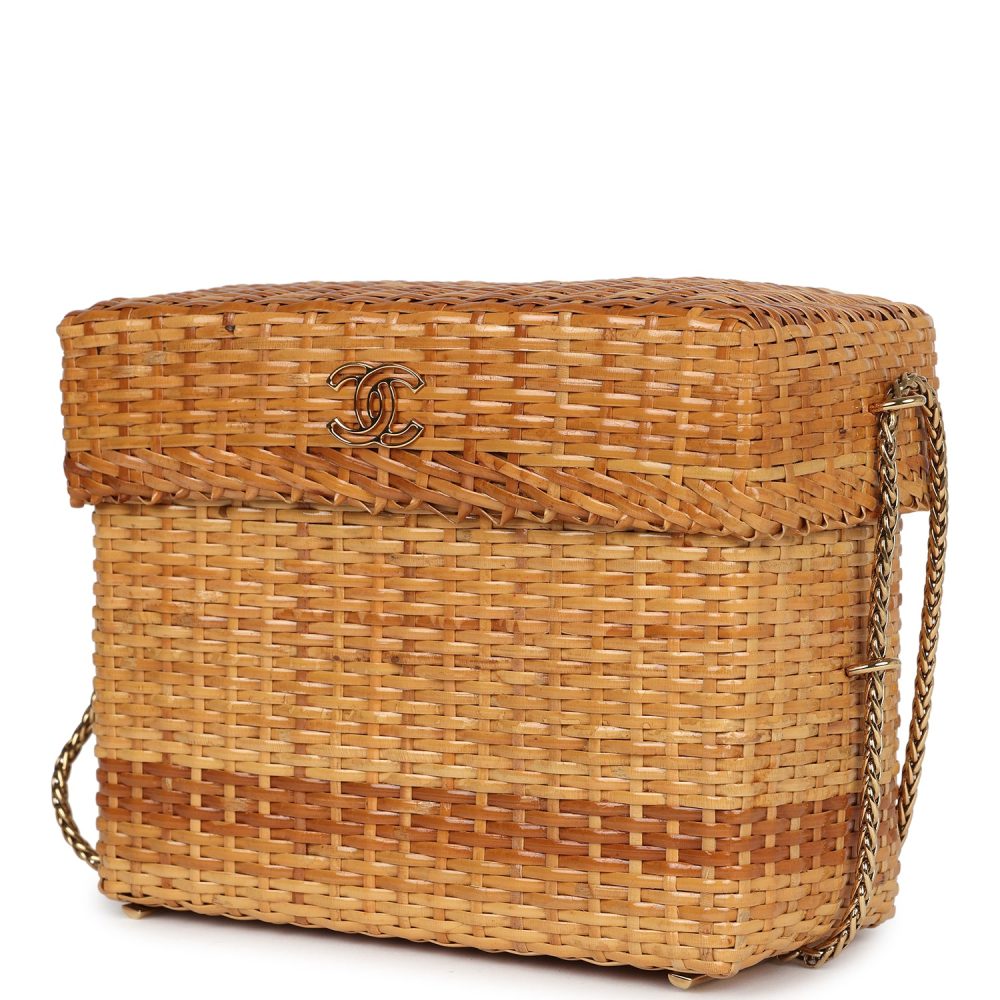 Vintage Chanel Small Picnic Basket Bag Natural Wicker Gold Hardware - Image 5