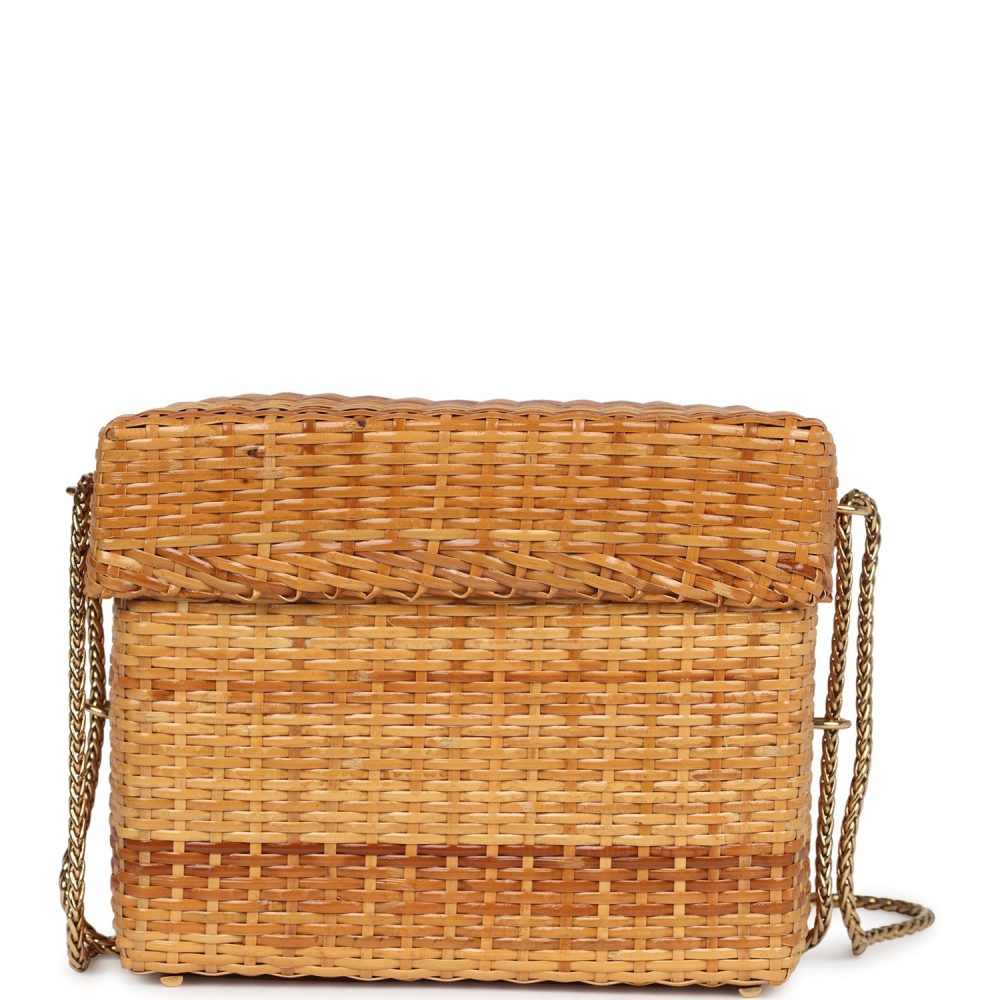 Vintage Chanel Small Picnic Basket Bag Natural Wicker Gold Hardware - Image 4