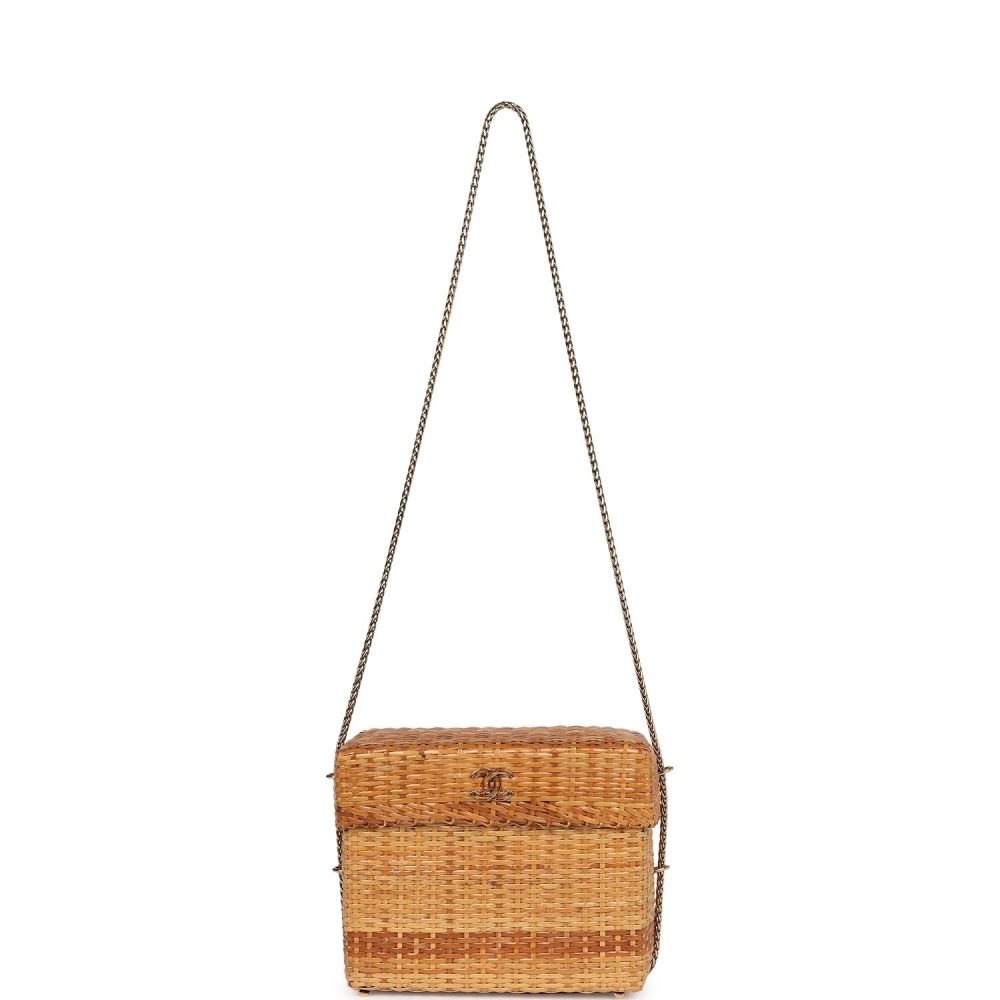 Vintage Chanel Small Picnic Basket Bag Natural Wicker Gold Hardware - Image 7