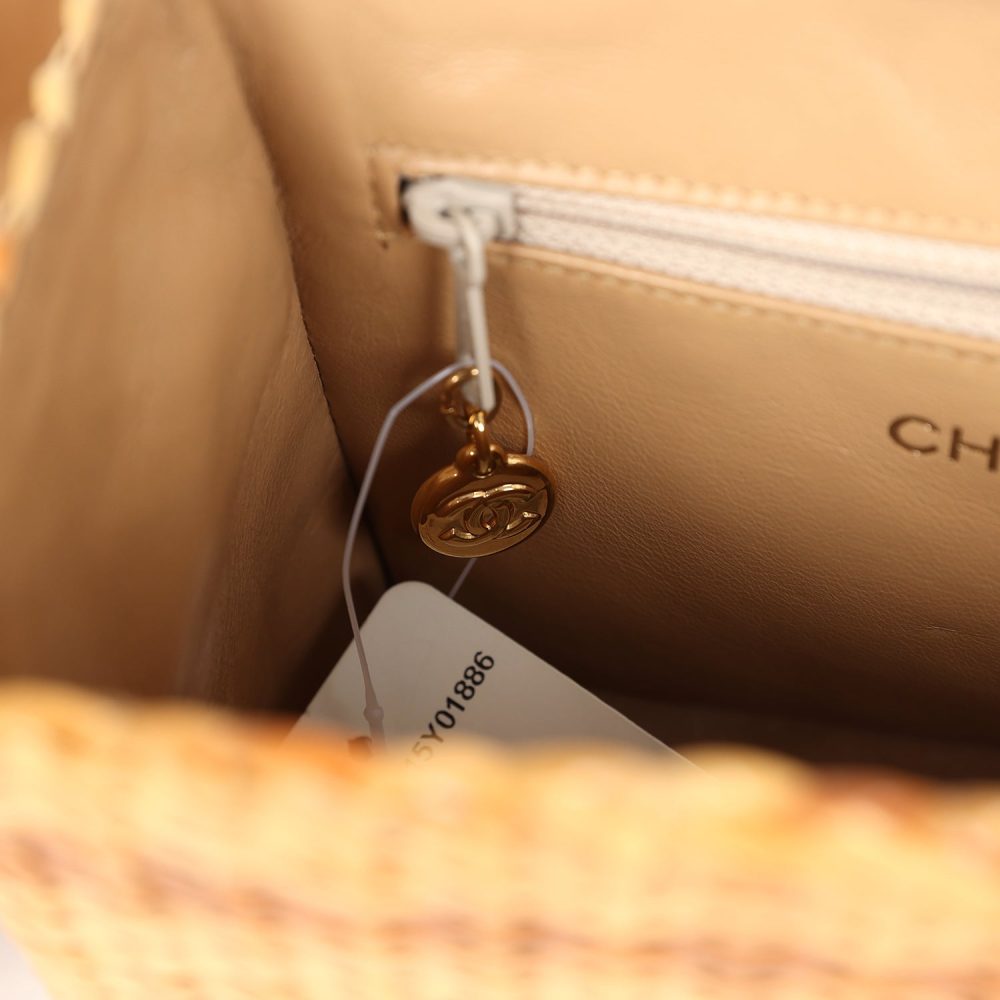 Vintage Chanel Small Picnic Basket Bag Natural Wicker Gold Hardware - Image 10